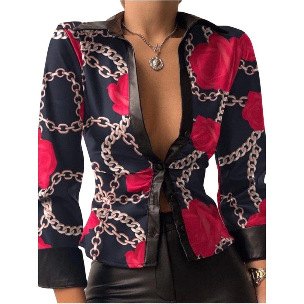 ChicMe Women Rose Chain Print Faux Leather Trim Button Down Blouse Navy Red M